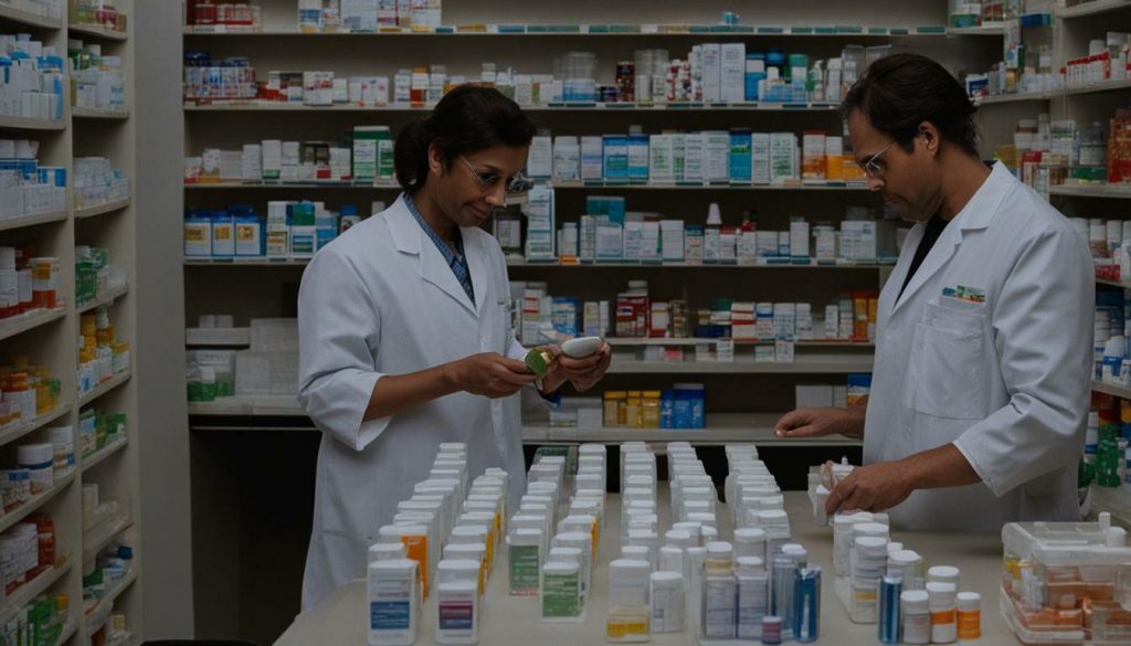 Pharmacist examining medication