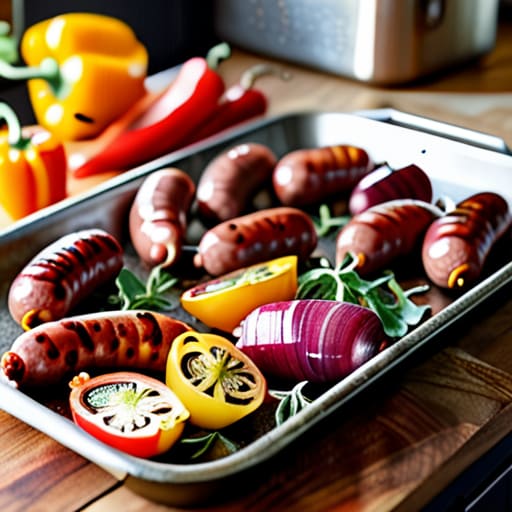 Sheet Pan Sausage and Peppers on baking sheet.